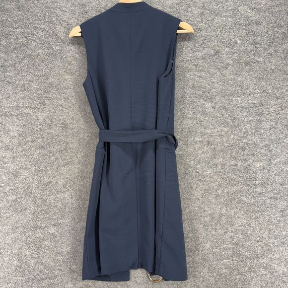 H&M Blazer Women 6 Blue Open Front Belted Sleeveless Lined Long Classic Fit - Picture 2 of 7